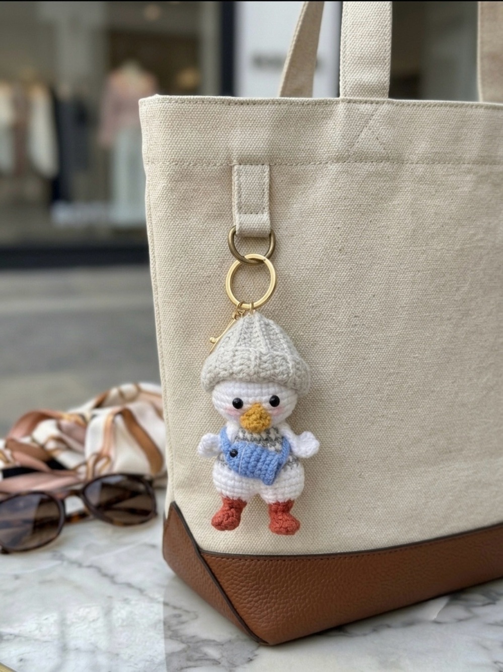 Crochet Duck Bag Charm with Beanie and fish purse, Amigurumi Keychain